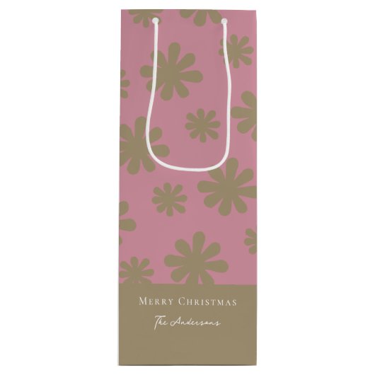 Retro Roze en Gouden Bloemen Vrolijk Kerstfeest Wijn Cadeautas (Voorkant)