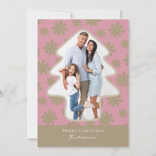 Retro Roze en Gouden Bloemendennenboom Gevormd Fot Feestdagenkaart (Voorkant)