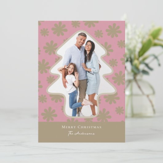 Retro Roze en Gouden Bloemendennenboom Gevormd Fot Feestdagenkaart (Staand voorkant)