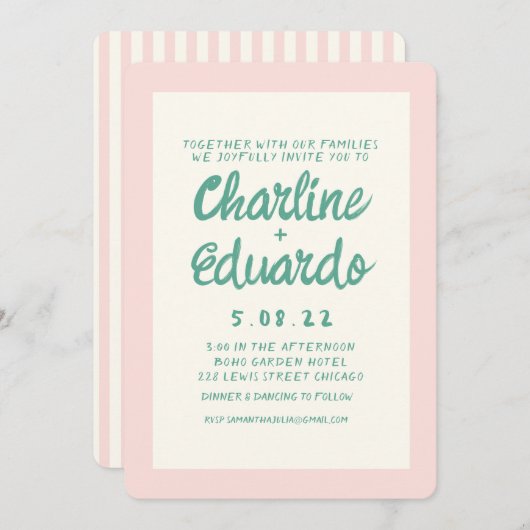 Retro Roze en Groen Handschrift Bruiloft Kaart (Voorkant / Achterkant)