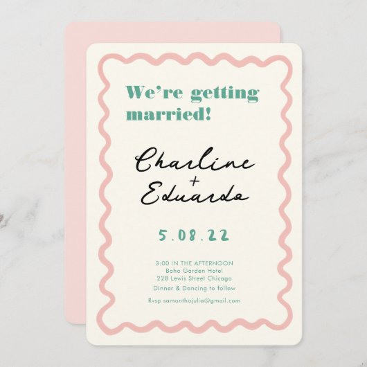 Retro Roze en Groen Handschrift Bruiloft Kaart (Voorkant / Achterkant)