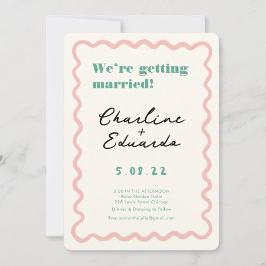 Retro Roze en Groen Handschrift Bruiloft Kaart (Voorkant)