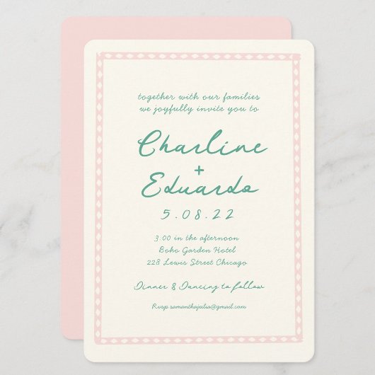 Retro Roze en Groen Handschrift Bruiloft Kaart