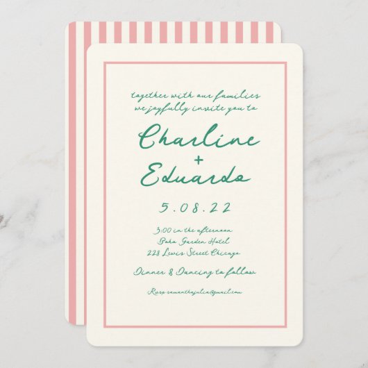 Retro Roze en Groen Handschrift Bruiloft Kaart (Voorkant / Achterkant)