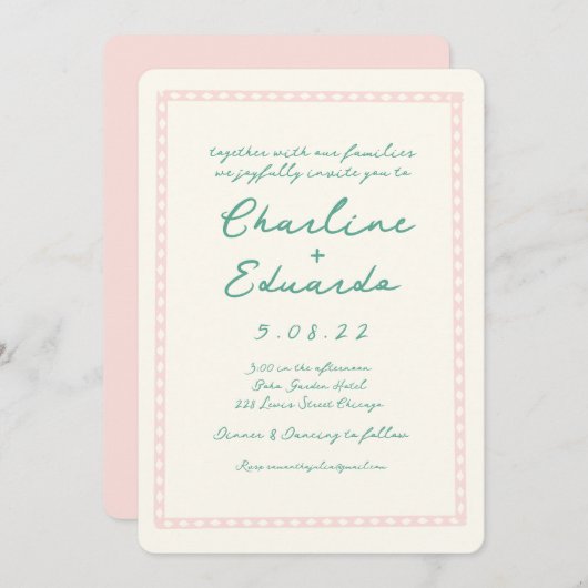 Retro Roze en Groen Handschrift Bruiloft Kaart (Voorkant / Achterkant)