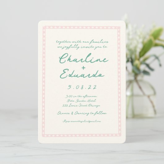 Retro Roze en Groen Handschrift Bruiloft Kaart (Staand voorkant)