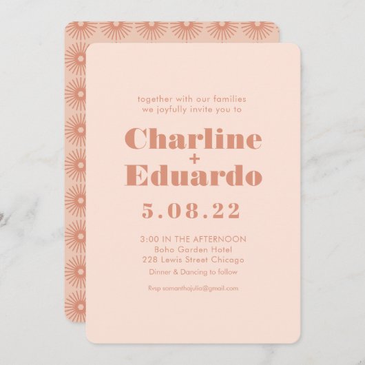 Retro roze en groen handschrift bruiloft uitnodigi kaart (Voorkant / Achterkant)