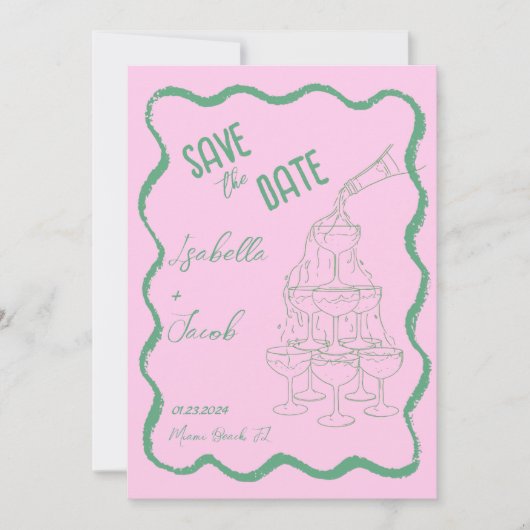 Retro Roze en Groene Champagne Toren Save the Date Kaart (Voorkant)