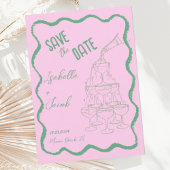 Retro Roze en Groene Champagne Toren Save the Date Kaart