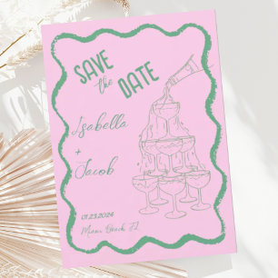 Retro Roze en Groene Champagne Toren Save the Date Kaart
