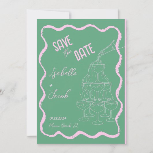 Retro Roze en Groene Champagne Toren Save the Date Kaart (Voorkant)
