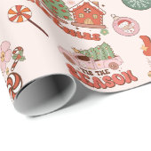 Retro Roze en Groene Kerstvreugde Cadeaupapier (Rol Hoek)