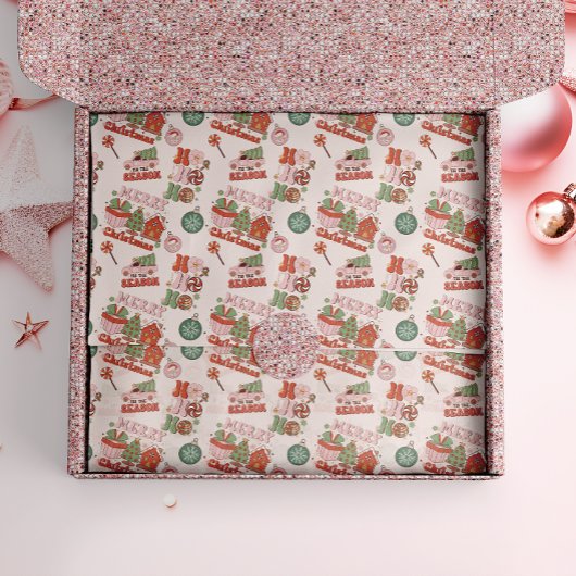 Retro Roze en Groene Kerstvreugde Tissuepapier