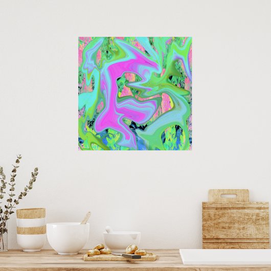 Retro Roze en lichtblauw vloeibaar art op hydrange Poster (Keuken)