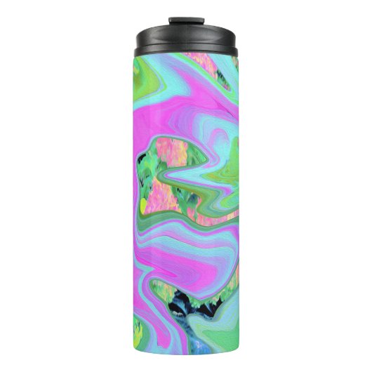 Retro Roze en lichtblauw vloeibaar art op hydrange Thermosbeker (Voorkant)