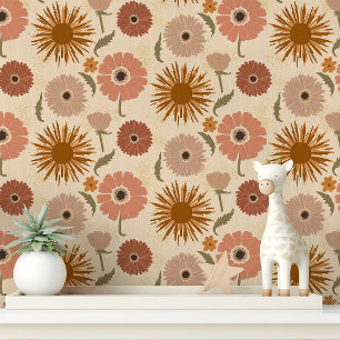 Retro Roze en Mosterd Bloemmotief Behang