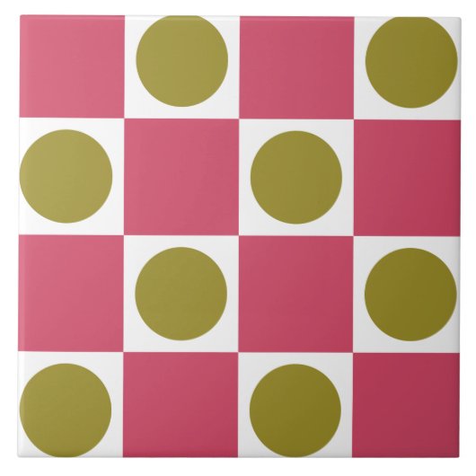Retro Roze en Olijfgroen Cirkel Check Tegeltje (Voorkant)