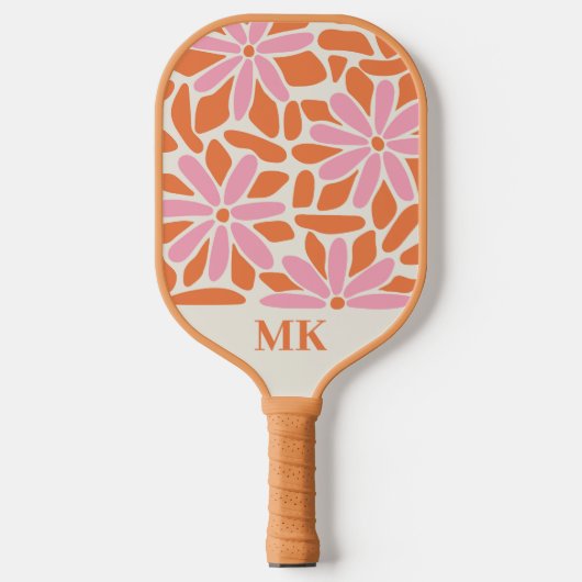 Retro roze en Oranje bloem monogram Pickleball Paddle (Voorkant)