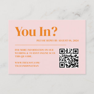Retro Roze en Oranje bruiloft RSVP QR-code Informatiekaartje