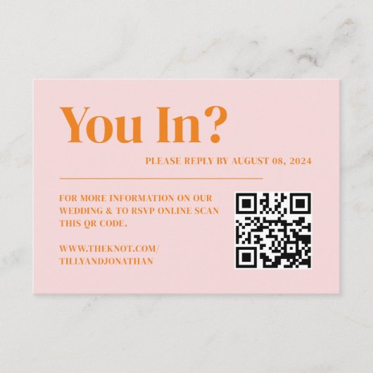 Retro Roze en Oranje bruiloft RSVP QR-code Informatiekaartje (Voorkant)
