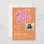 Retro Roze en Oranje Bruiloft Save the Date Kaart (Voorkant)