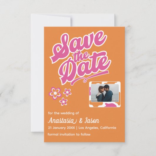 Retro Roze en Oranje Bruiloft Save the Date Kaart (Voorkant)