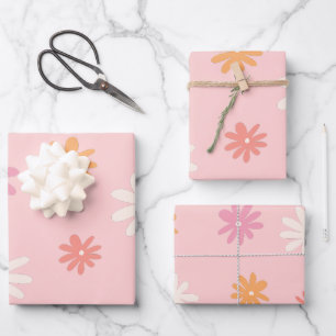 Retro Roze en Oranje Daisy Floral Gift Bag Inpakpapier Vel