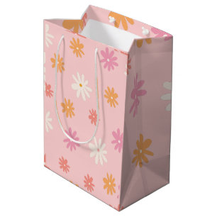Retro Roze en Oranje Daisy Floral Gift Bag Medium Cadeauzakje