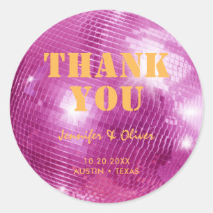 Retro Roze en Oranje Disco Bal Trouw Dank Je Ronde Sticker