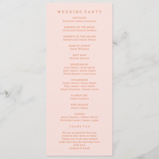 Retro Roze en Oranje huwelijk Programmakaart (Achterkant)