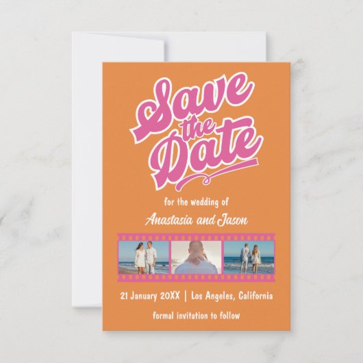 Retro Roze en Oranje Huwelijk Save the Date Kaart (Voorkant)