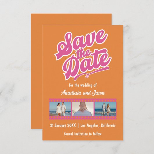 Retro Roze en Oranje Huwelijk Save the Date Kaart (Voorkant / Achterkant)