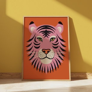 Retro Roze en Oranje Tijger Grote Kat Illustratie Poster
