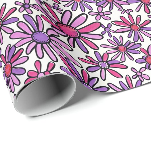 Retro Roze en Paarse Daisy Bloemenpatroon Cadeaupapier (Rol Hoek)