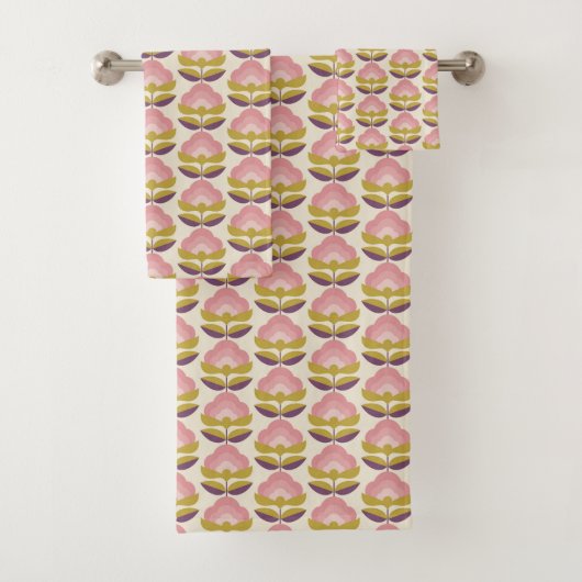 Retro Roze en Paarse Floral Pattern Bad Handdoek (Insitu)