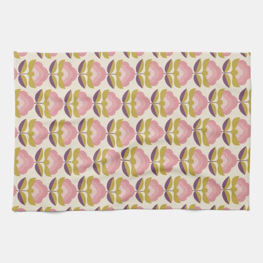 Retro Roze en Paarse Floral Pattern Theedoek (Horizontaal)