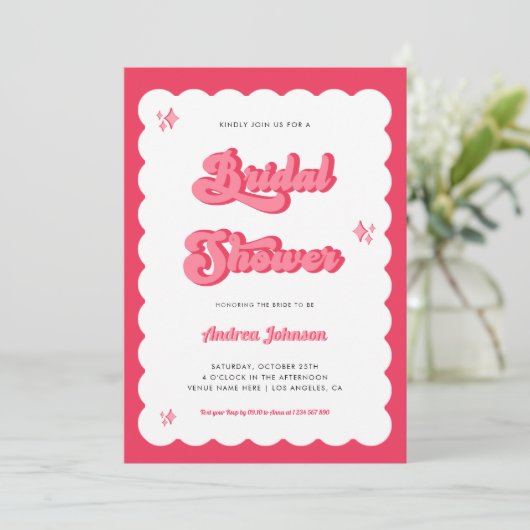 Retro Roze en Red Groovy Script Vrijgezellenfeest Kaart (Staand voorkant)