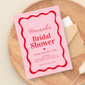 Retro Roze en Red Modern Wavy Vrijgezellenfeest Kaart