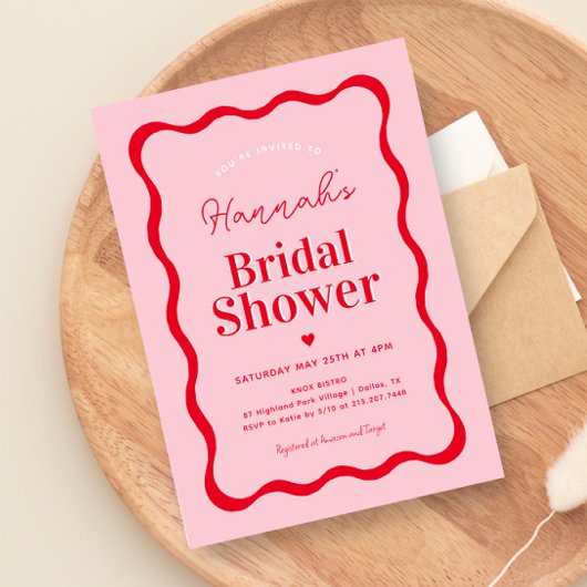 Retro Roze en Red Modern Wavy Vrijgezellenfeest Kaart