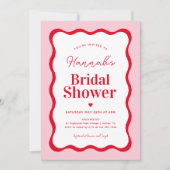 Retro Roze en Red Wavy Bridal Shower Invitation Kaart (Voorkant)