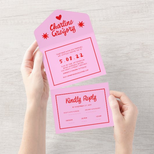 Retro Roze en Red Wavy Handwriting Wedding All In One Uitnodiging (Afscheurbaar)