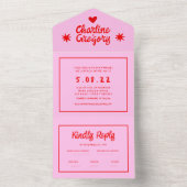 Retro Roze en Red Wavy Handwriting Wedding All In One Uitnodiging (Binnen)
