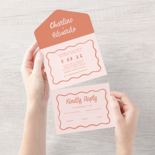 Retro Roze en Red Wavy Handwriting Wedding All In One Uitnodiging (Afscheurbaar)