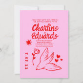Retro Roze en Red Wavy Handwriting Wedding Kaart (Voorkant)