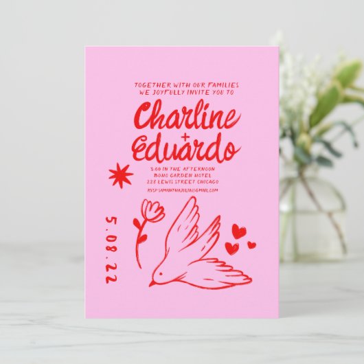 Retro Roze en Red Wavy Handwriting Wedding Kaart (Staand voorkant)