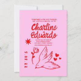 Retro Roze en Red Wavy Handwriting Wedding Kaart