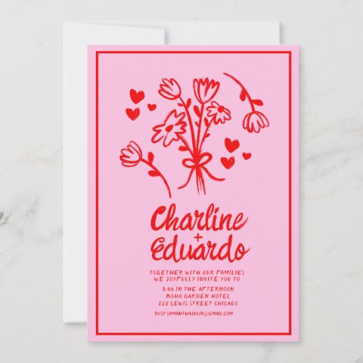 Retro Roze en Red Wavy Handwriting Wedding Kaart (Voorkant)