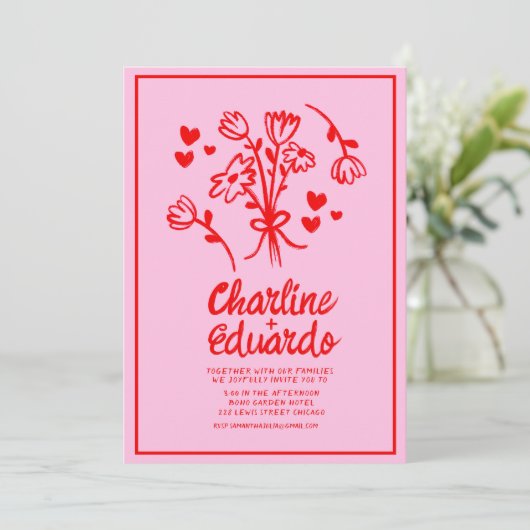 Retro Roze en Red Wavy Handwriting Wedding Kaart (Staand voorkant)