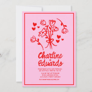 Retro Roze en Red Wavy Handwriting Wedding Kaart