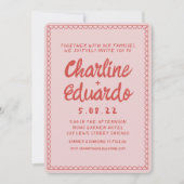 Retro Roze en Red Wavy Handwriting Wedding Kaart (Voorkant)